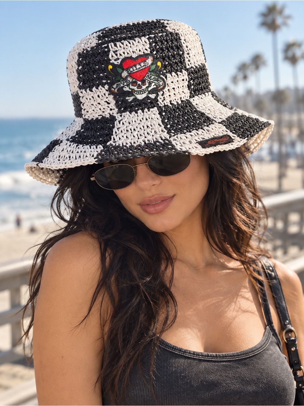 Ed Hardy Black & White Checkered Straw Sun Hat with Love Kills Slowly Patch NWT